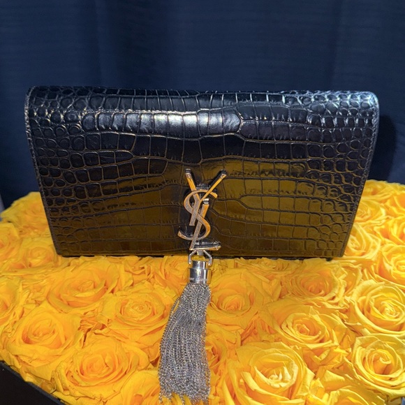 YSL Crocodile Kate Bag Black Croc-Embossed Tassel Clutch Chain Strap - Picture 3 of 7